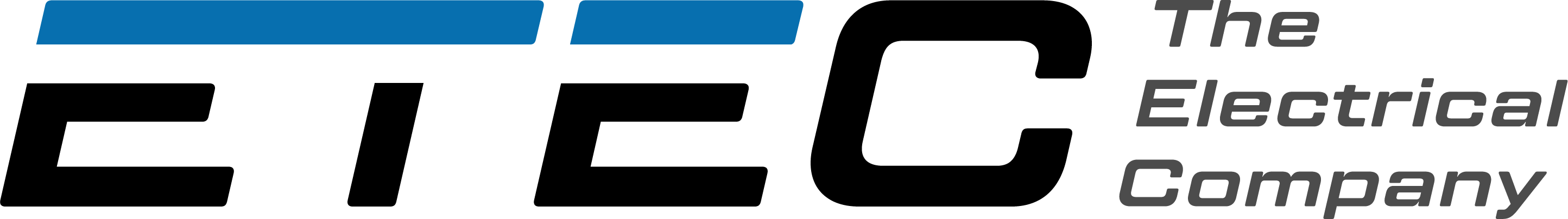 Logo mit dem Schriftzug „ETEC“ in Schwarz, darüber zwei blaue Balken, ergänzt durch den grauen Claim „The Electrical Company“ in drei Zeilen.
