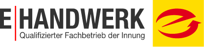 Logo des E-Handwerks mit dem Schriftzug „E-Handwerk – Qualifizierter Fachbetrieb der Innung“ und dem roten „E“-Blitz auf gelbem Hintergrund.
