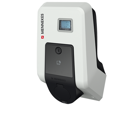 MENNEKES Wallbox für Elektrofahrzeuge Weiße Wandladestation von MENNEKES mit integriertem Display und Ladesteckdose für Elektrofahrzeuge.